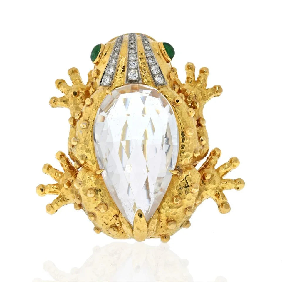 David Webb Platinum & 18K Yellow Gold Rock Crystal Diamond Frog Brooch — Laura Milman New York