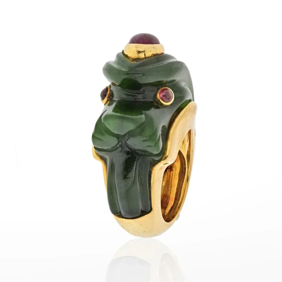 David Webb 18K Yellow Gold Nephrite, Ruby Lion Ring — view 2 — Laura Milman New York