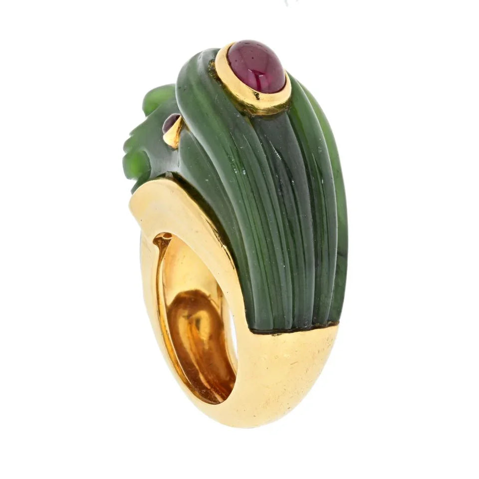 David Webb 18K Yellow Gold Nephrite, Ruby Lion Ring — view 3 — Laura Milman New York