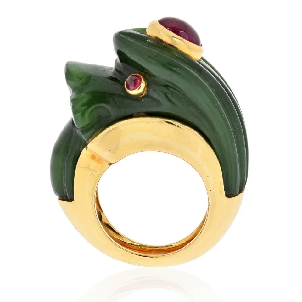 David Webb 18K Yellow Gold Nephrite, Ruby Lion Ring — view 4 — Laura Milman New York