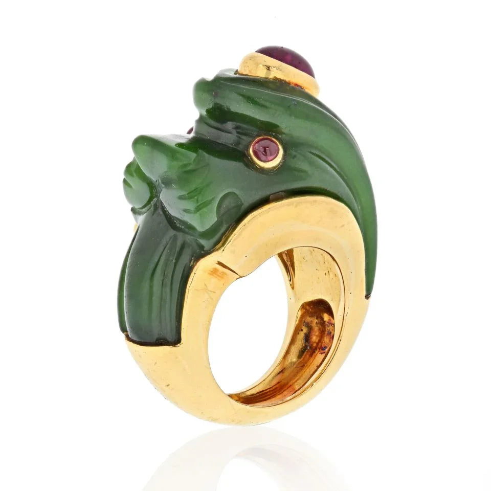 David Webb 18K Yellow Gold Nephrite, Ruby Lion Ring — Laura Milman New York