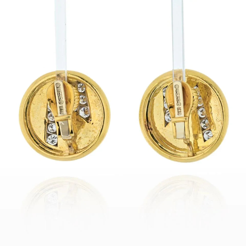David Webb Platinum & 18K Yellow Gold Round Disks With Diamond Blot Lightning Earrings — view 4 — Laura Milman New York