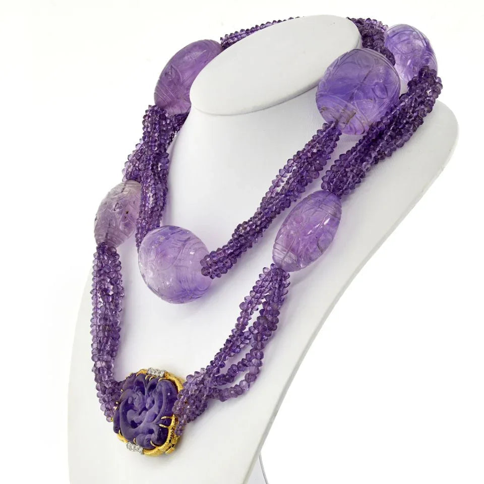 David Webb Platinum & 18K Yellow Gold Carved Amethyst Multi-Strand Lavender Bead Necklace — view 2 — Laura Milman New York