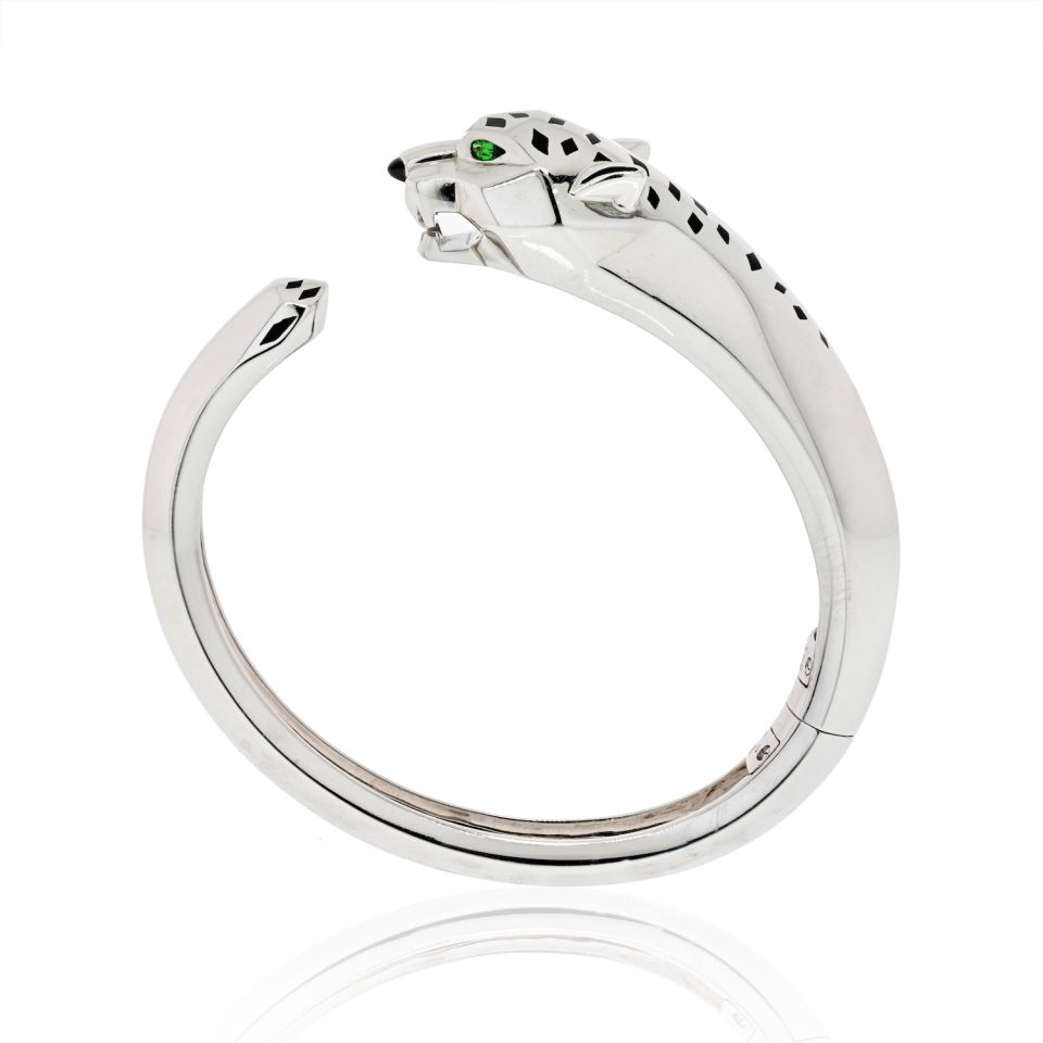 Cartier 18K White Gold Panthere Bangle with Diamonds and Onyx, Size 17