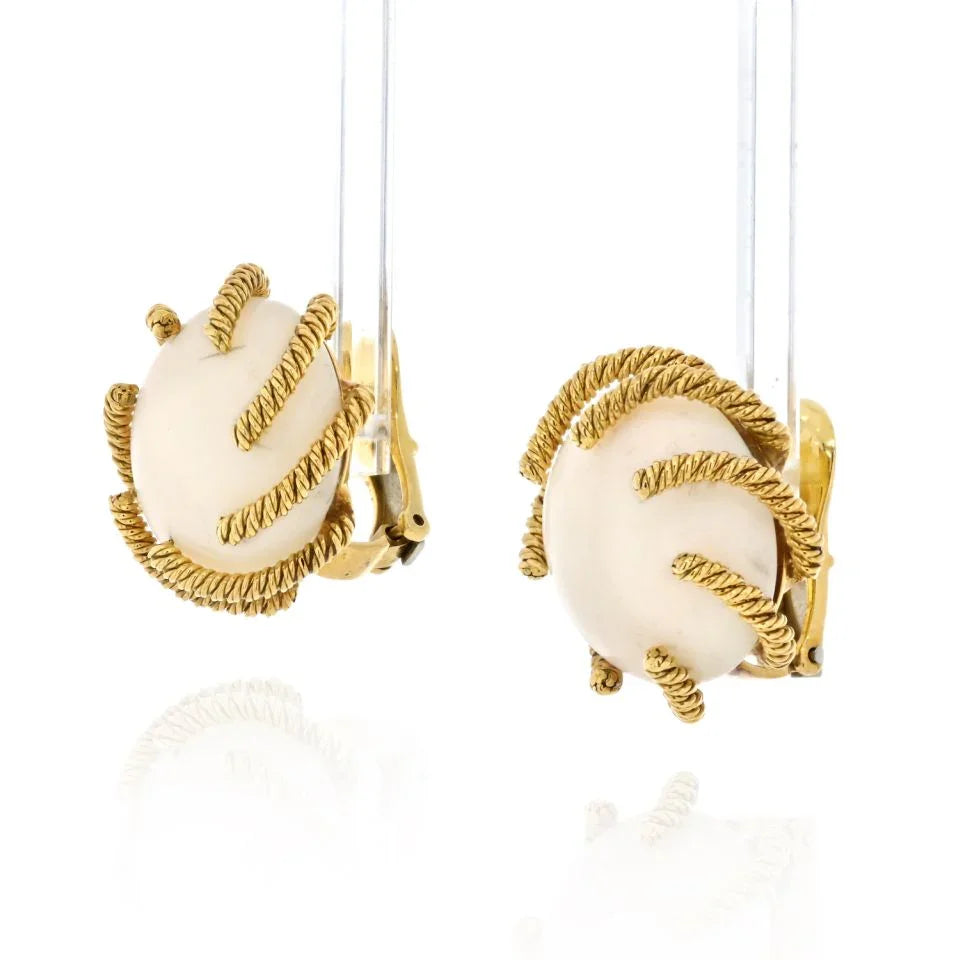 David Webb 18K Yellow Gold 1970's Angel Skin Coral Twisted Rope Round Button Earrings — view 2 — Laura Milman New York