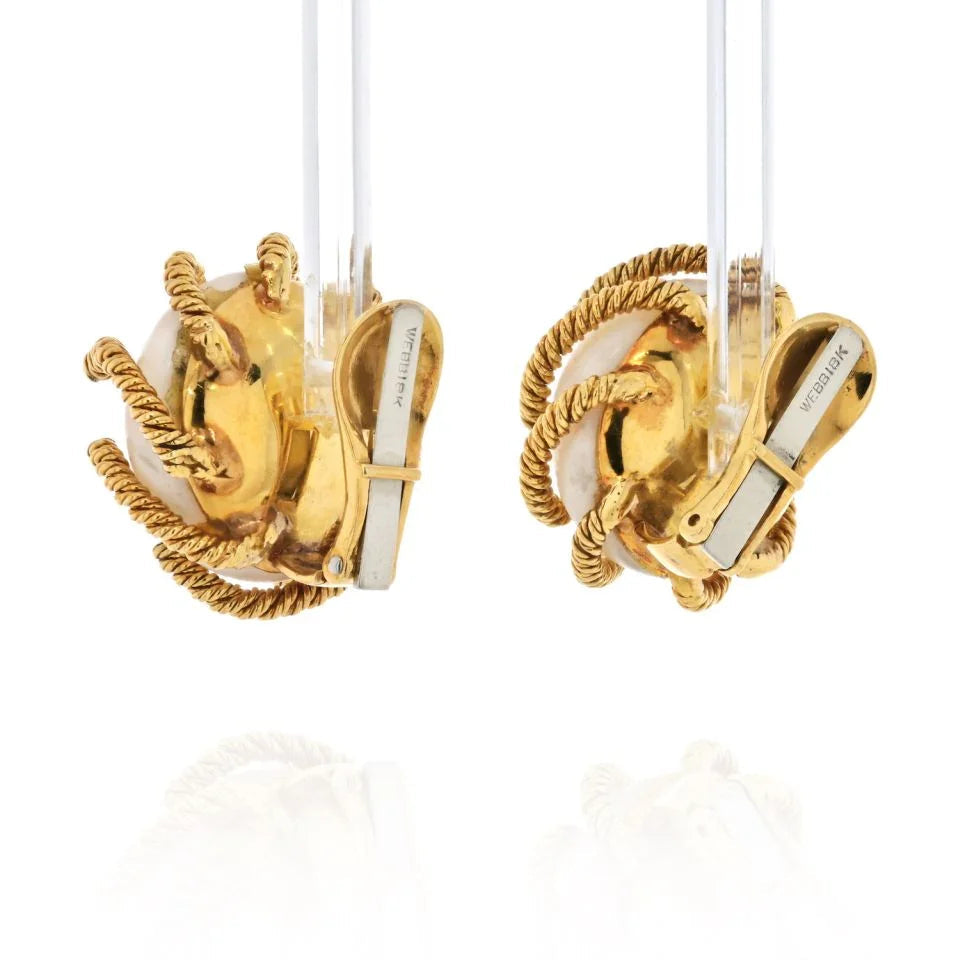 David Webb 18K Yellow Gold 1970's Angel Skin Coral Twisted Rope Round Button Earrings — view 3 — Laura Milman New York