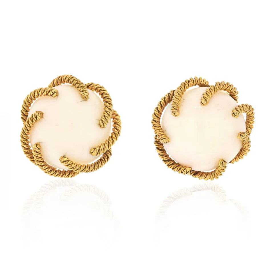 David Webb 18K Yellow Gold 1970's Angel Skin Coral Twisted Rope Round Button Earrings — Laura Milman New York