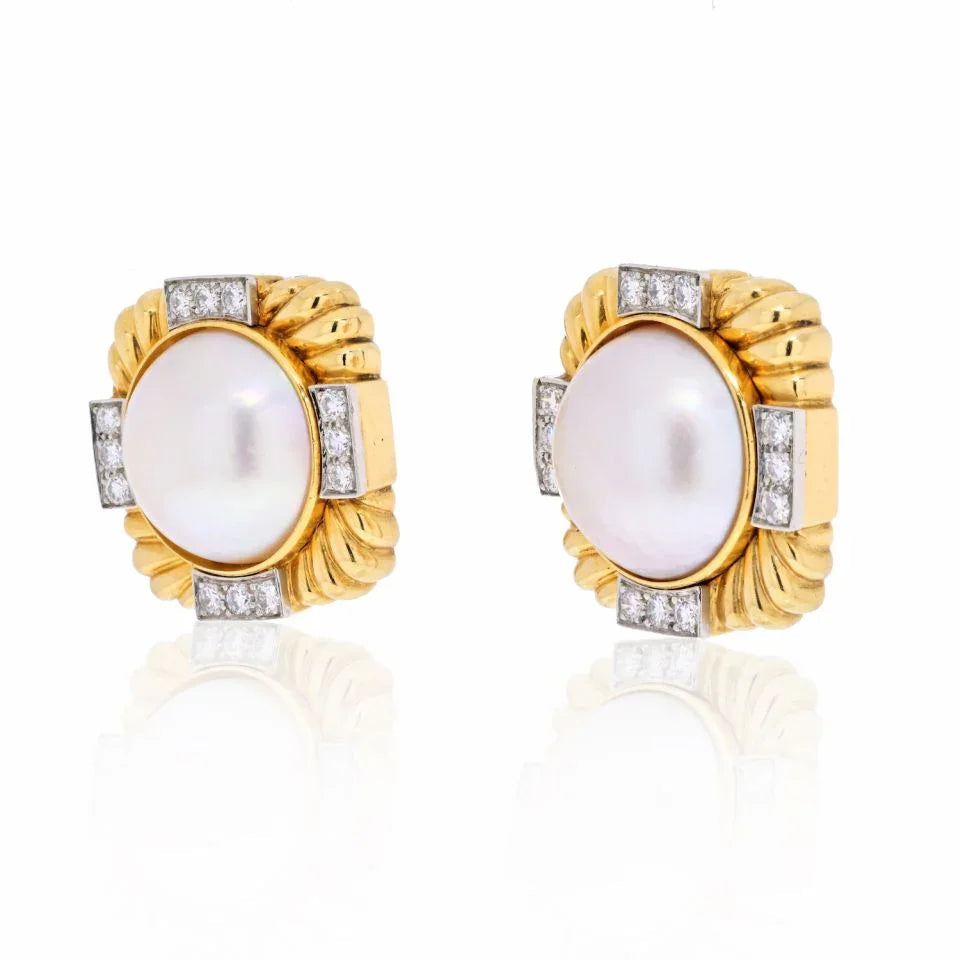David Webb Platinum & 18K Yellow Gold Fluted Diamond And Pearl Clip-On Earrings — view 2 — Laura Milman New York