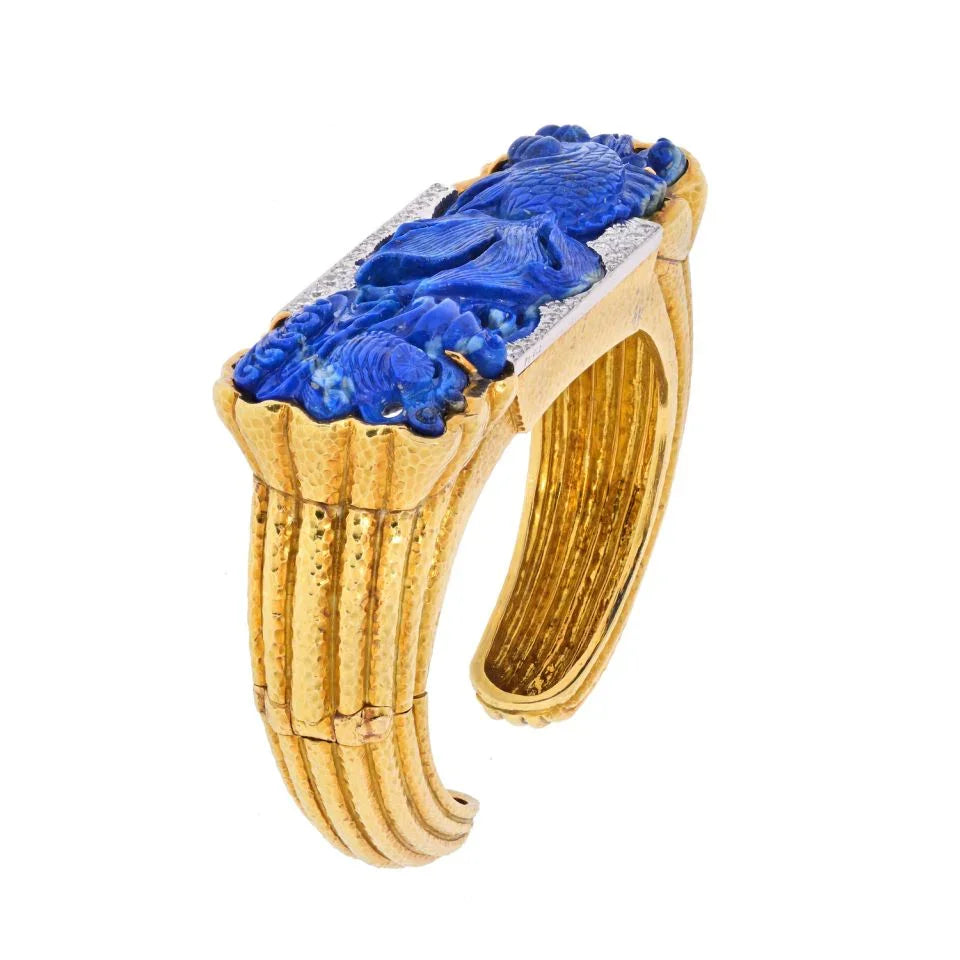 David Webb Platinum & 18K Yellow Gold Carved Lapis Cuff Diamond Bracelet — view 2 — Laura Milman New York