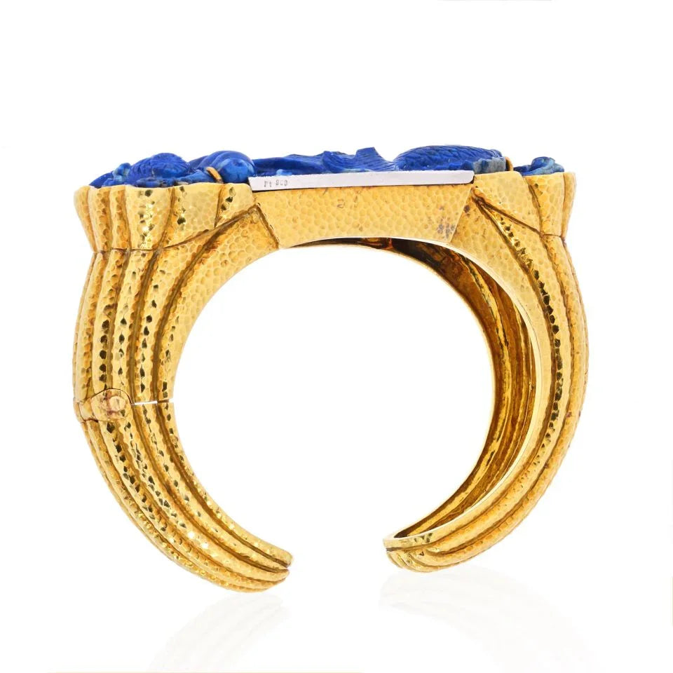 David Webb Platinum & 18K Yellow Gold Carved Lapis Cuff Diamond Bracelet — view 5 — Laura Milman New York