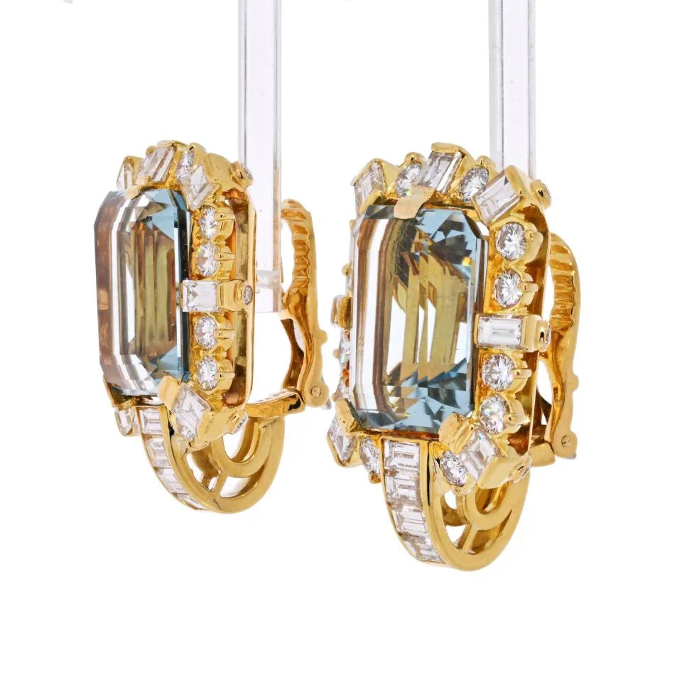 David Webb 18K Yellow Gold Diamond & Aquamarine Square Shaped Earrings — view 2 — Laura Milman New York