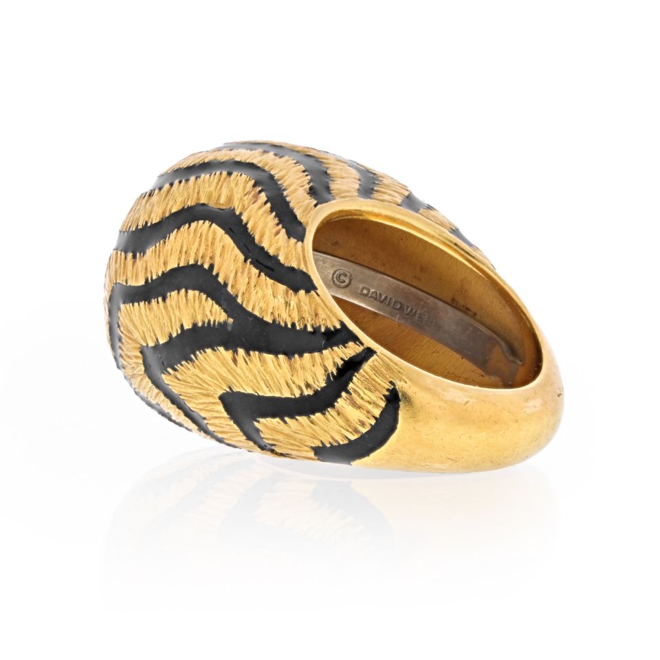 David Webb 18K Yellow Gold 1970's Tiger Stripe Black Enamel Dome Ring — view 3 — Laura Milman New York