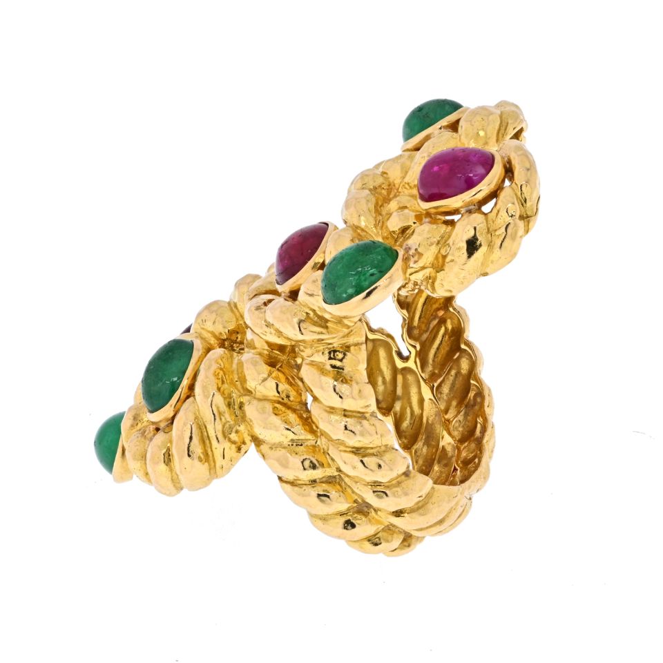 David Webb Platinum & 18K Yellow Gold Cabochon Ruby, Green Emerald Serpent Ring — view 3 — Laura Milman New York