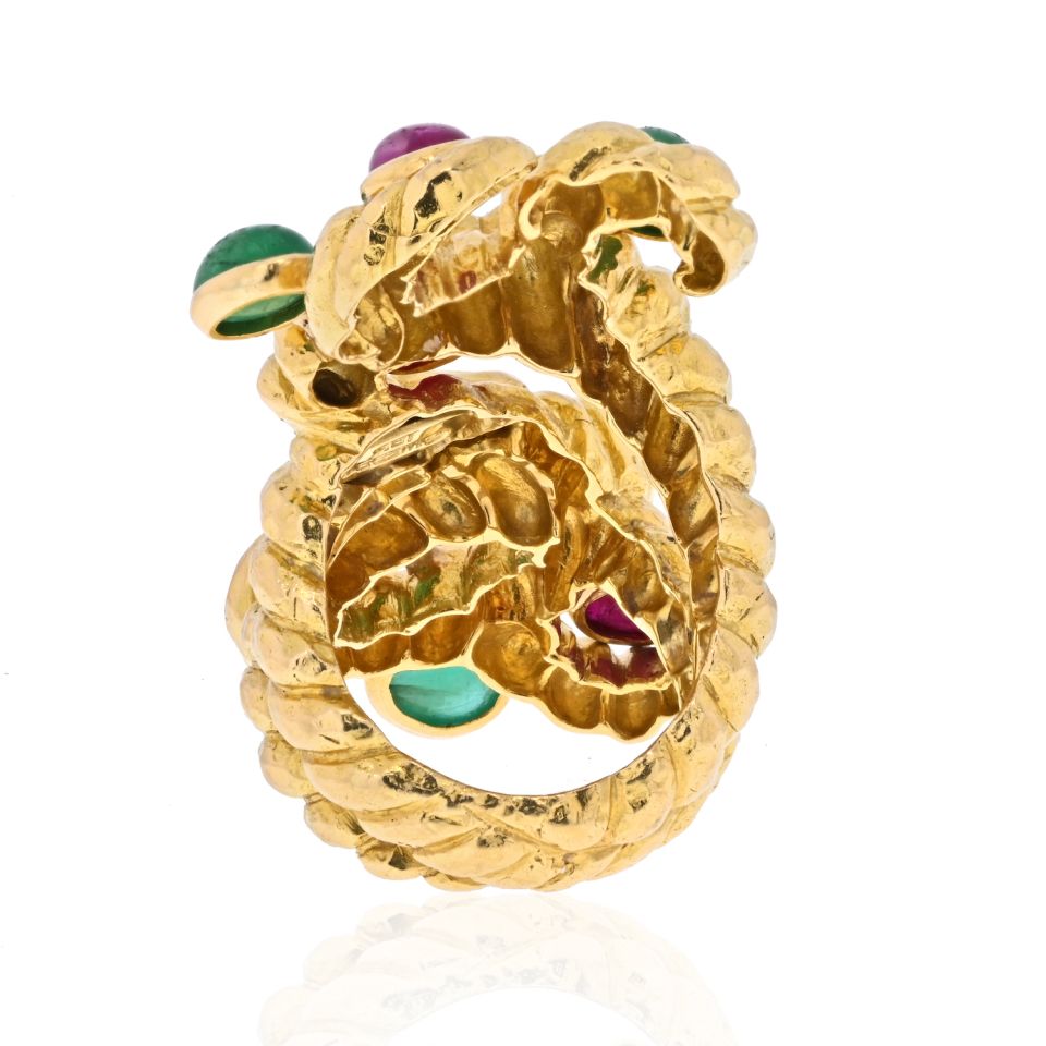 David Webb Platinum & 18K Yellow Gold Cabochon Ruby, Green Emerald Serpent Ring — view 4 — Laura Milman New York