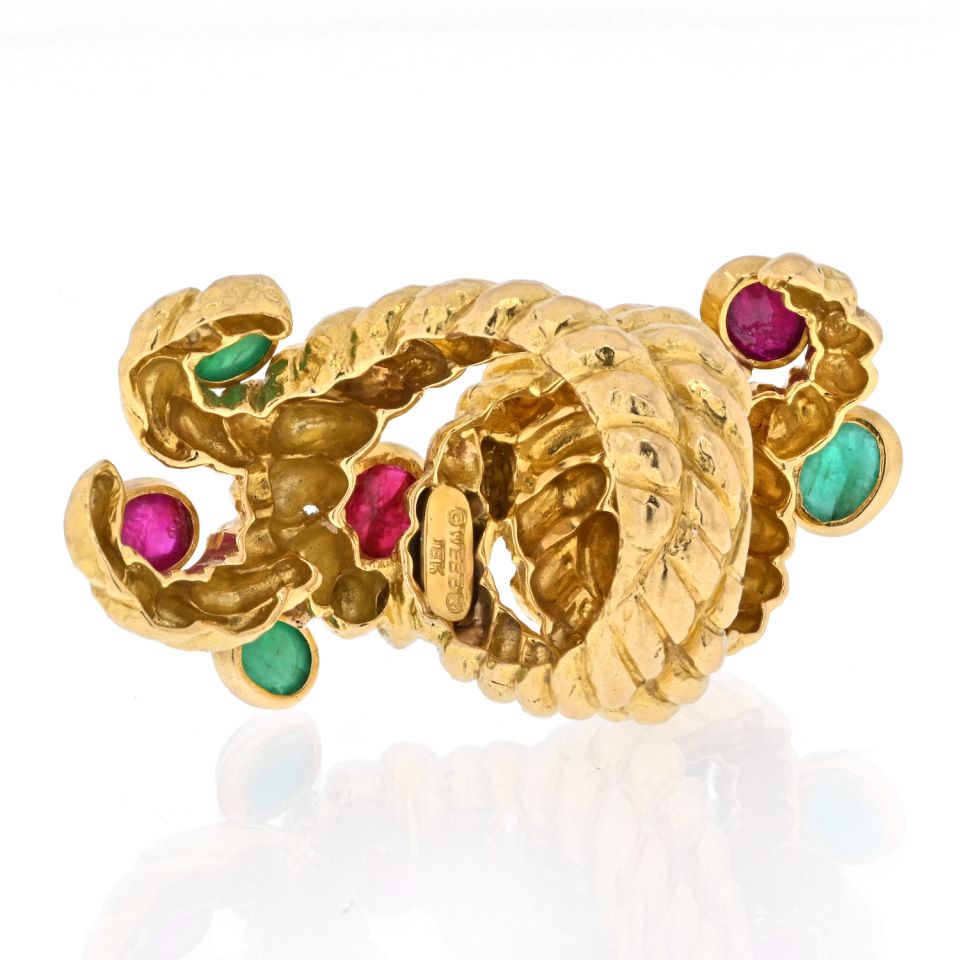 David Webb Platinum & 18K Yellow Gold Cabochon Ruby, Green Emerald Serpent Ring — view 5 — Laura Milman New York