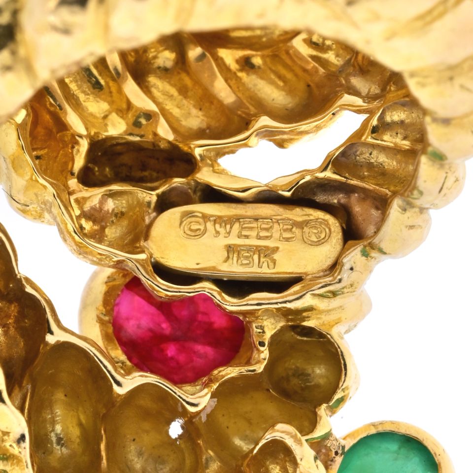 David Webb Platinum & 18K Yellow Gold Cabochon Ruby, Green Emerald Serpent Ring — view 6 — Laura Milman New York