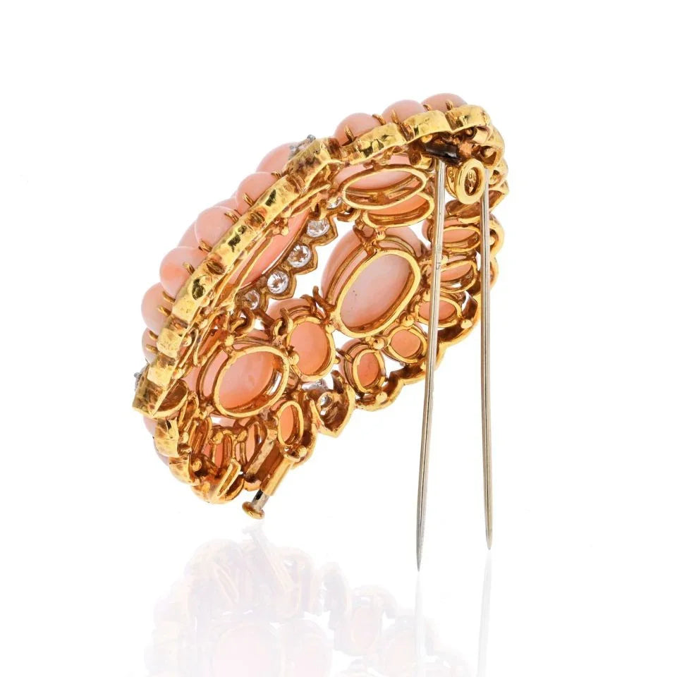 David Webb 18K Yellow Gold Pink Coral Cluster And Diamond Brooch — view 3 — Laura Milman New York