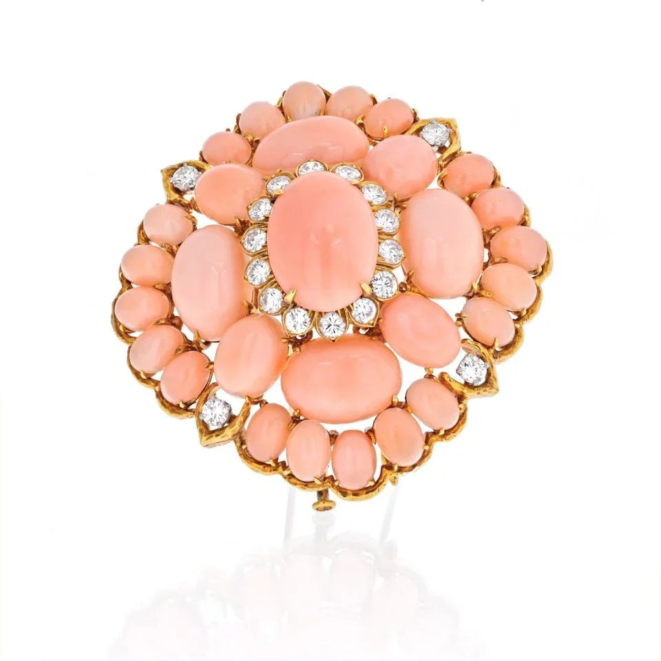 David Webb 18K Yellow Gold Pink Coral Cluster And Diamond Brooch — Laura Milman New York