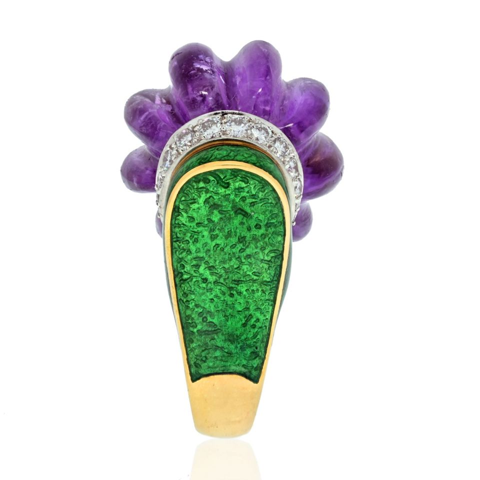 David Webb Platinum & 18K Yellow Gold Carved Smooth Purple Amethyst, Green Enamel And Diamond Ring — view 3 — Laura Milman New York