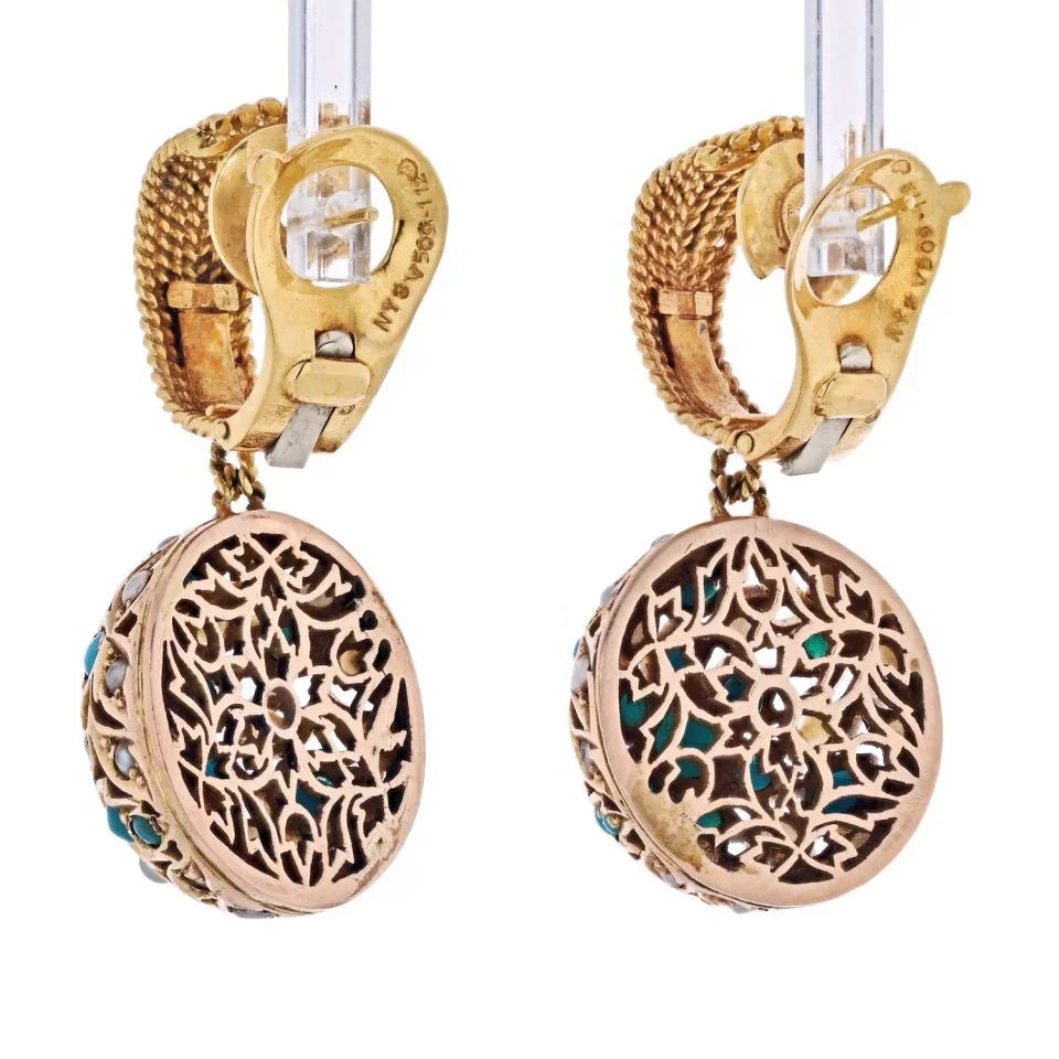 Van Cleef & Arpels 18K Yellow Gold 1960's Turquoise Pearl Drop Dangle Earrings — view 3 — Laura Milman New York