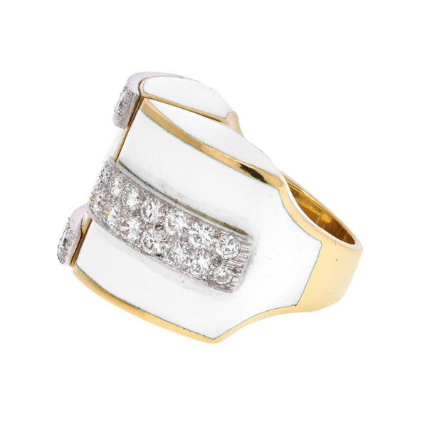 David Webb Platinum & 18K Yellow Gold White Enamel And Diamond Ring — view 2