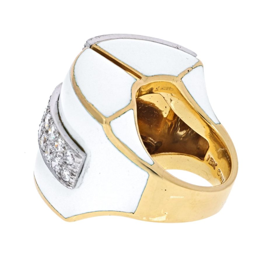 David Webb Platinum & 18K Yellow Gold White Enamel And Diamond Ring — view 3 — Laura Milman New York
