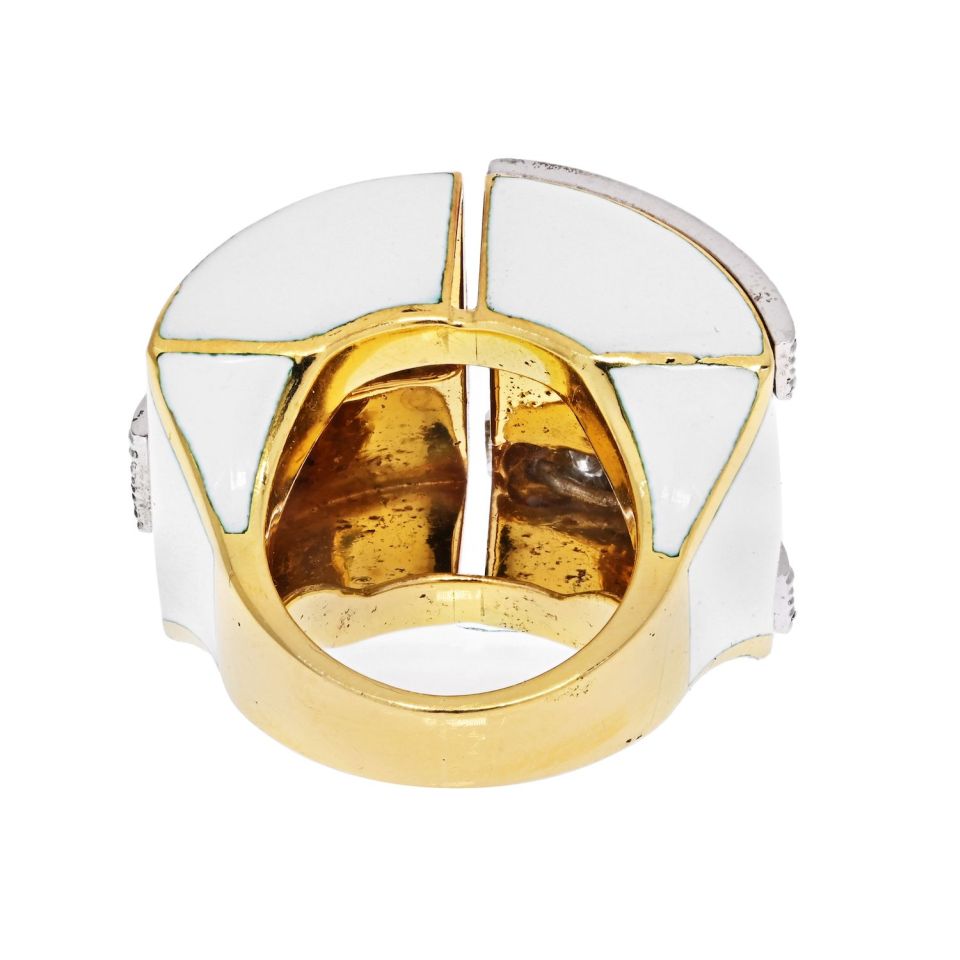 David Webb Platinum & 18K Yellow Gold White Enamel And Diamond Ring — view 4 — Laura Milman New York