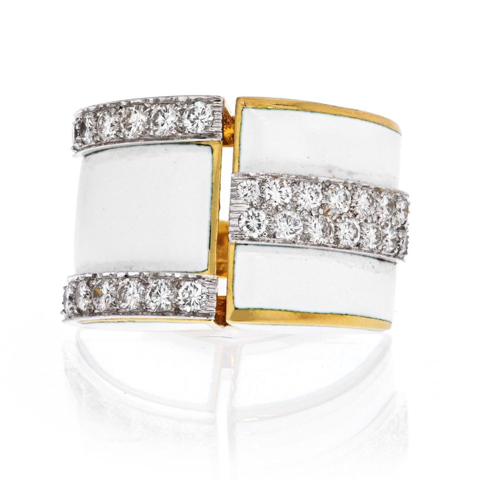 David Webb Platinum & 18K Yellow Gold White Enamel And Diamond Ring — Laura Milman New York