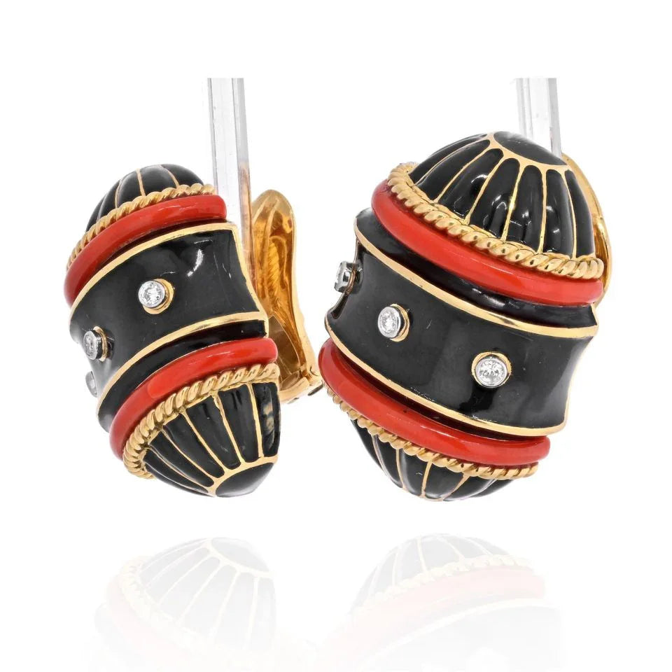 David Webb 18K Yellow Gold Black Enamel, Diamond And Coral Barrel Shaped Earrings — view 2 — Laura Milman New York