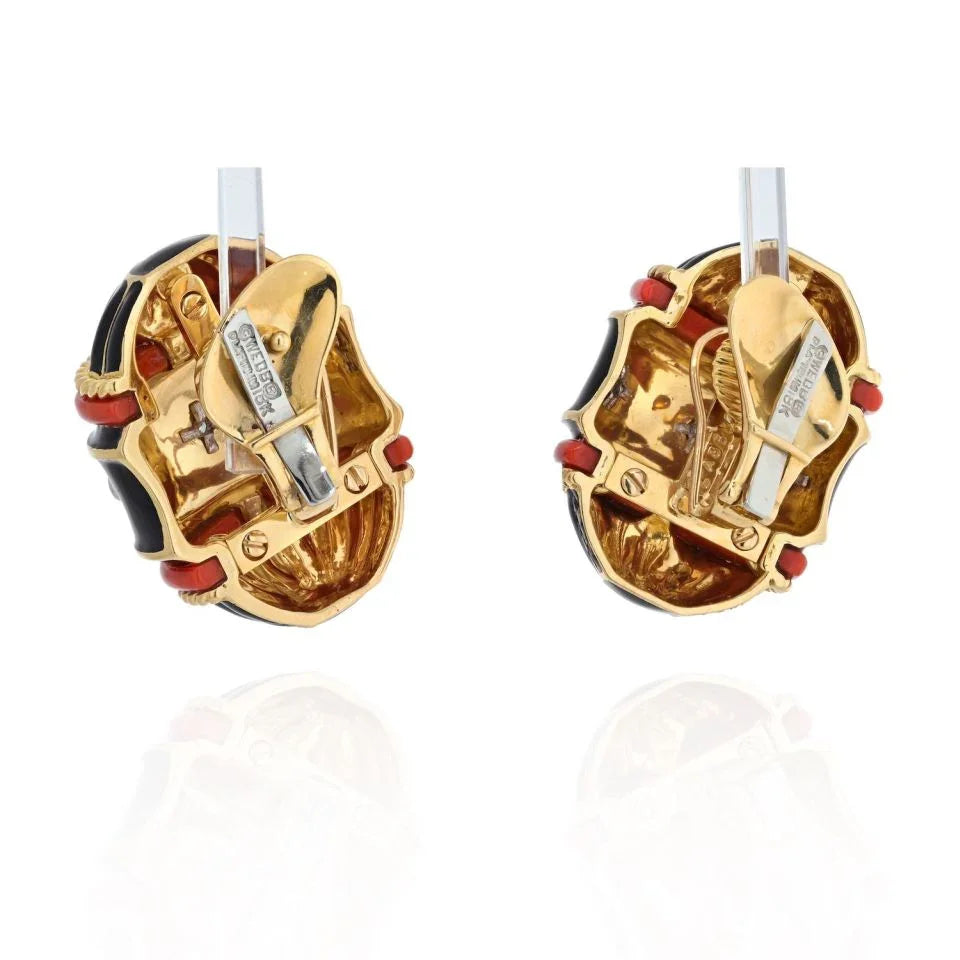David Webb 18K Yellow Gold Black Enamel, Diamond And Coral Barrel Shaped Earrings — view 3 — Laura Milman New York