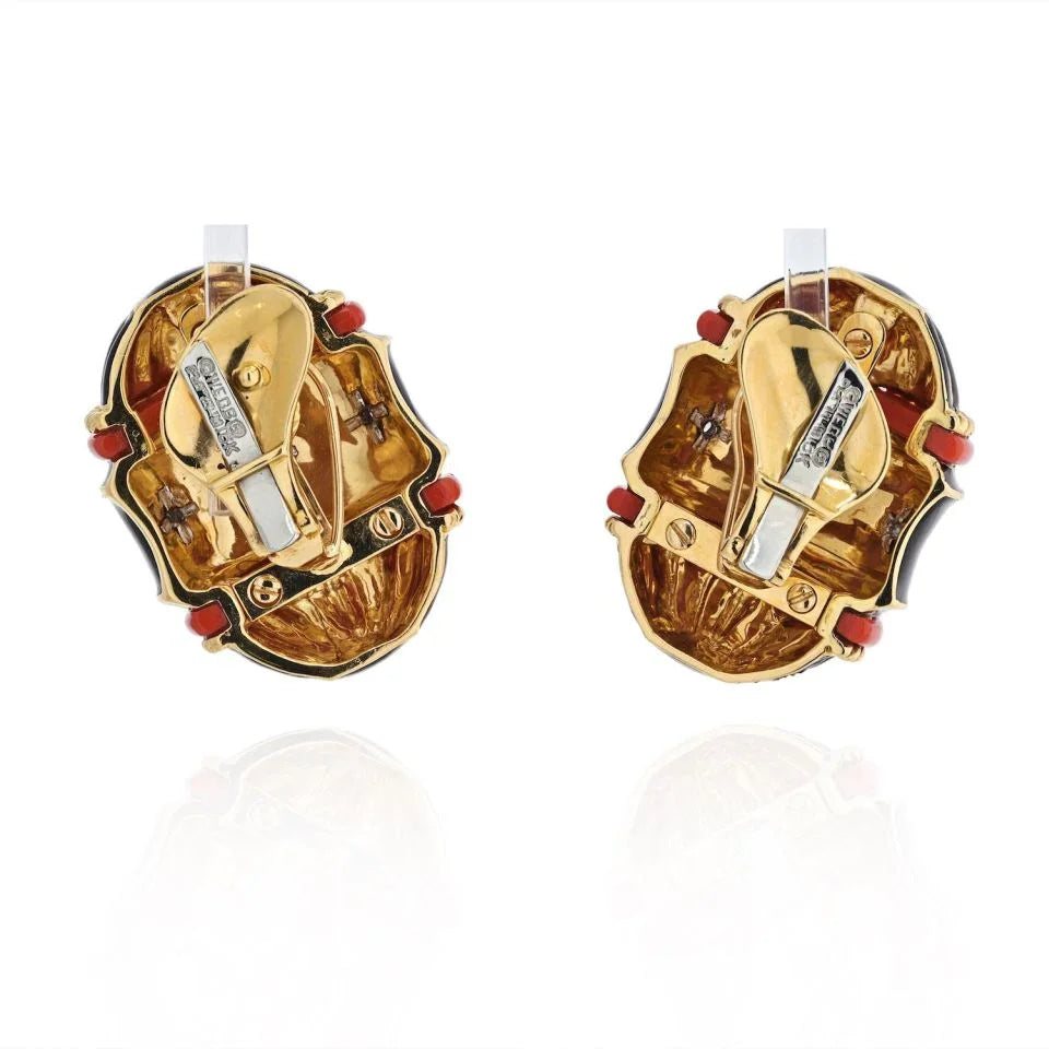 David Webb 18K Yellow Gold Black Enamel, Diamond And Coral Barrel Shaped Earrings — view 4 — Laura Milman New York