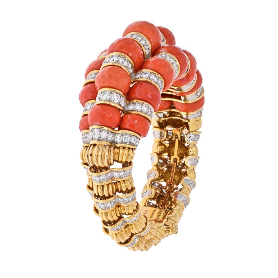 David Webb Platinum & 18K Yellow Gold Faceted Coral And Diamond Bracelet — view 2 — Laura Milman New York