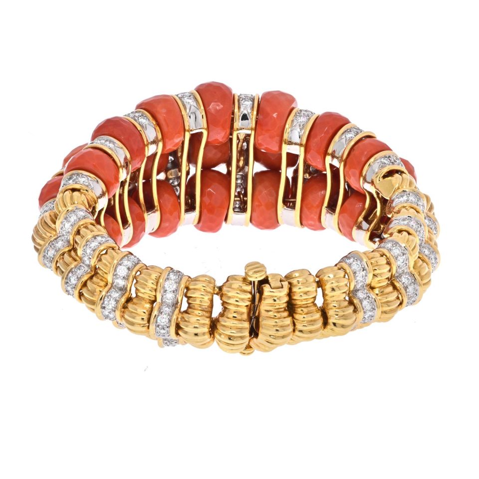 David Webb Platinum & 18K Yellow Gold Faceted Coral And Diamond Bracelet — view 4 — Laura Milman New York