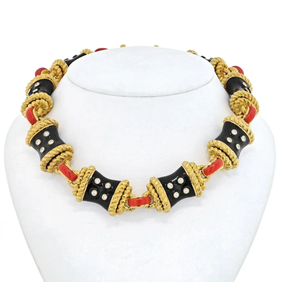 David Webb Platinum & 18K Yellow Gold Coral, Diamonds, Black Enamel Necklace — Laura Milman New York