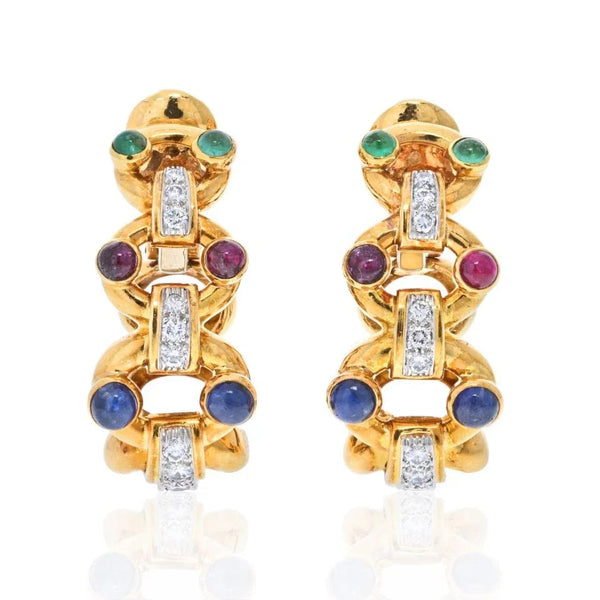 David Webb Platinum & 18K Yellow Gold Diamond, Sapphire, Emerald And Ruby Hoop Earrings