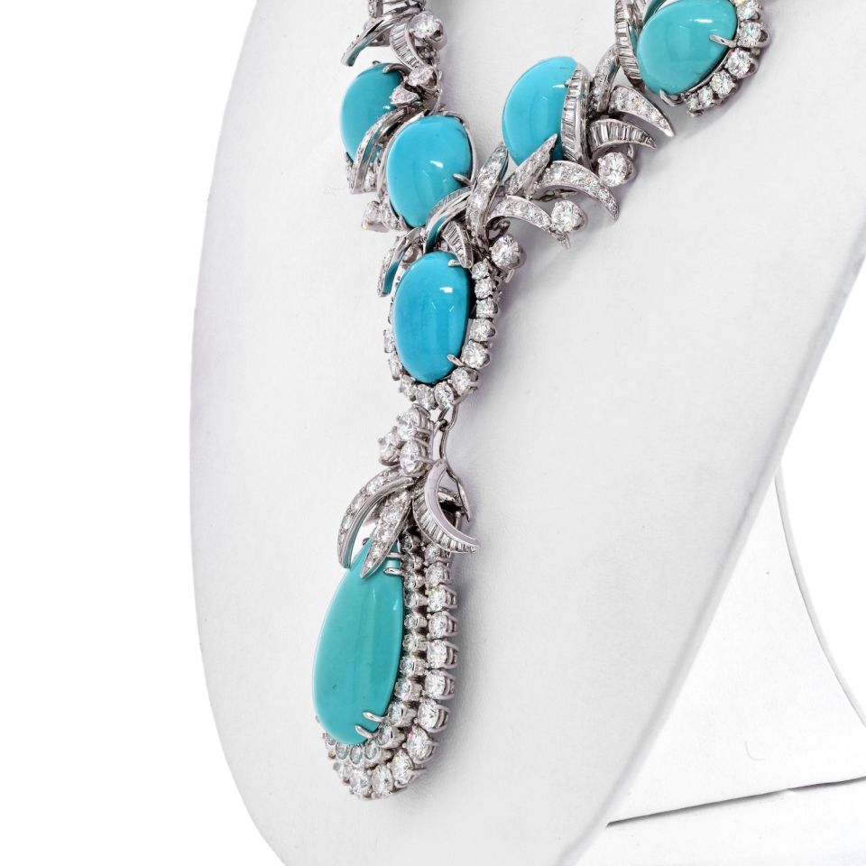 David Webb Turquoise Platinum Turquoise And Diamond Necklace — view 4 — Laura Milman New York