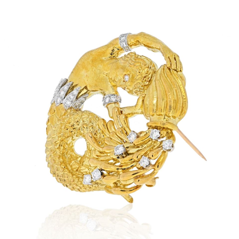 David Webb Platinum & 18K Yellow Gold Zodiac Aquarius Pendant — view 2 — Laura Milman New York