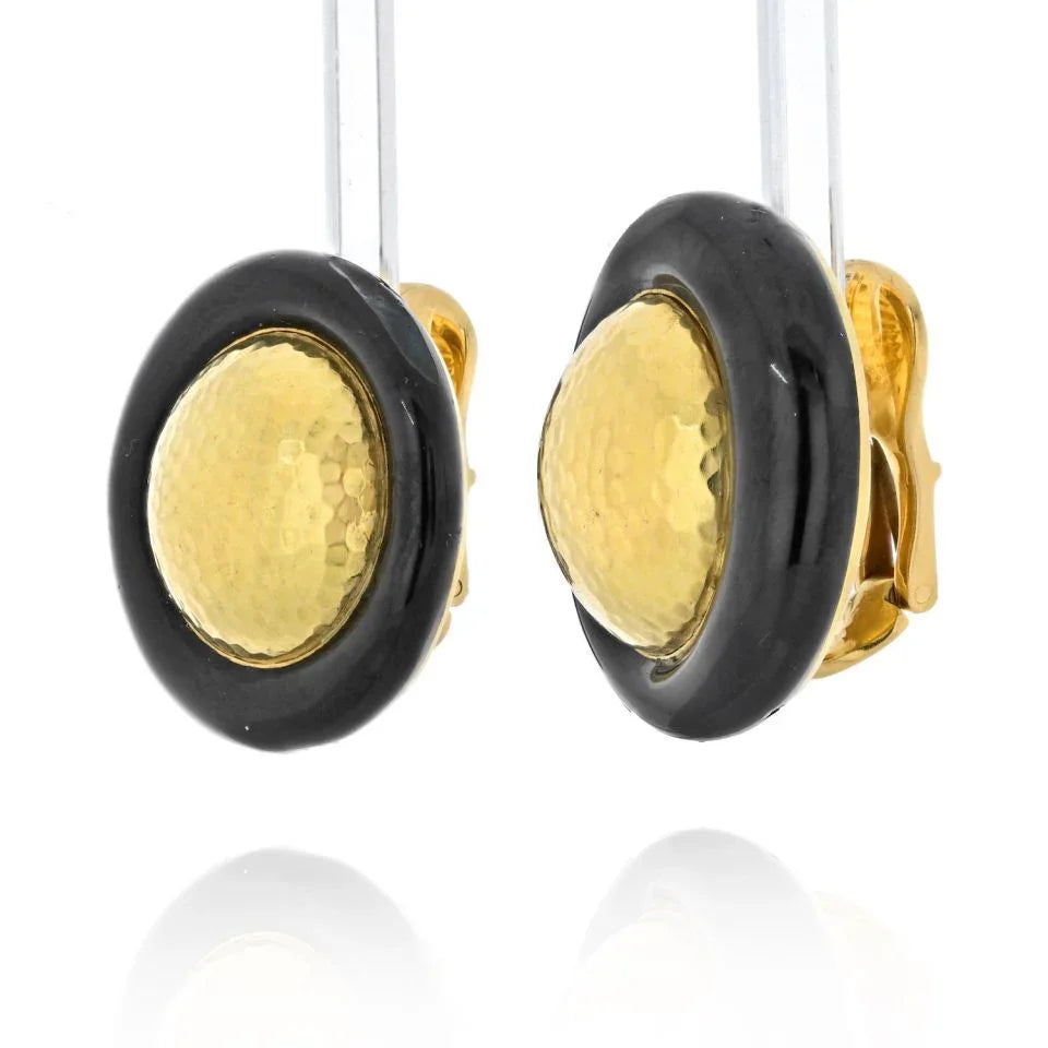 David Webb Platinum & 18K Yellow Gold Hammered Gold And Black Enamel Clip Earrings — view 2 — Laura Milman New York