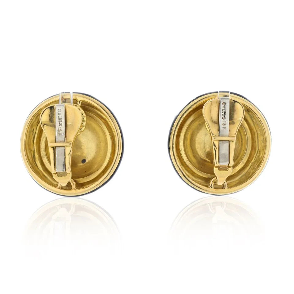 David Webb Platinum & 18K Yellow Gold Hammered Gold And Black Enamel Clip Earrings — view 4 — Laura Milman New York