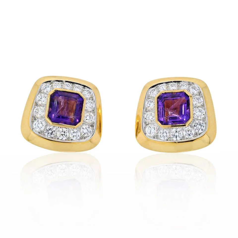 David Webb Platinum & 18K Yellow Gold Cushion Cut Amethyst And Diamond Clip On Earrings — Laura Milman New York