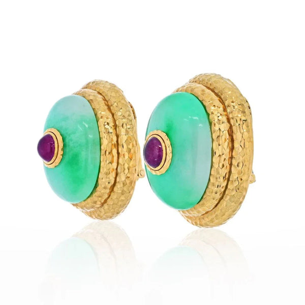 David Webb Platinum & 18K Yellow Gold Large Oversized Jade Ruby Clip On Earrings — view 2
