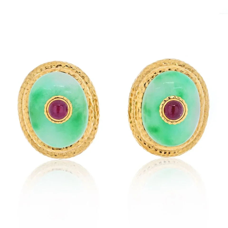 David Webb Platinum & 18K Yellow Gold Large Oversized Jade Ruby Clip On Earrings — Laura Milman New York