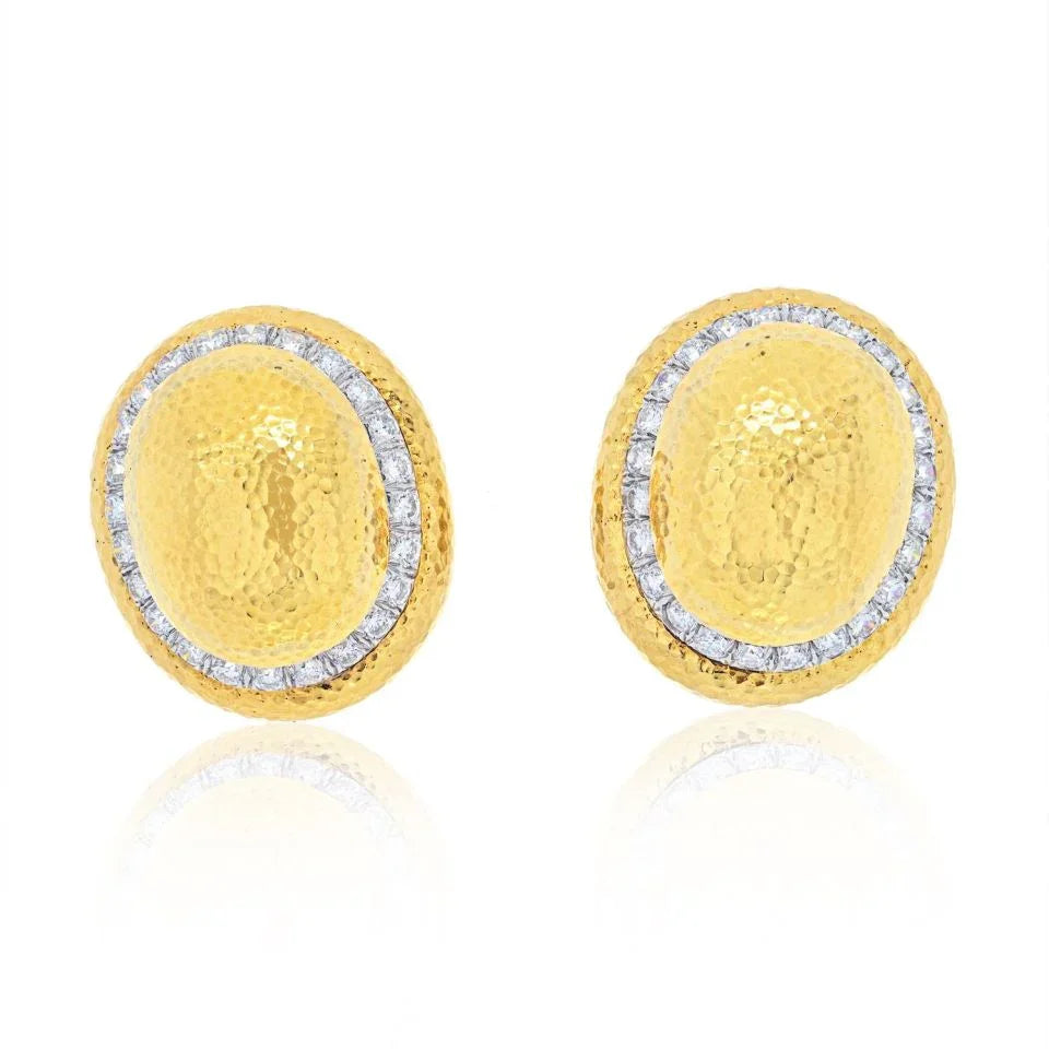 David Webb 18K Yellow Gold Large Dome Oval Button Signature Hammered Earrings — Laura Milman New York