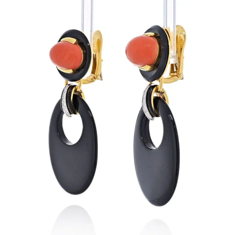 David Webb Platinum & 18K Yellow Gold Onyx And Coral Drop Door Knocker Earrings — view 2 — Laura Milman New York