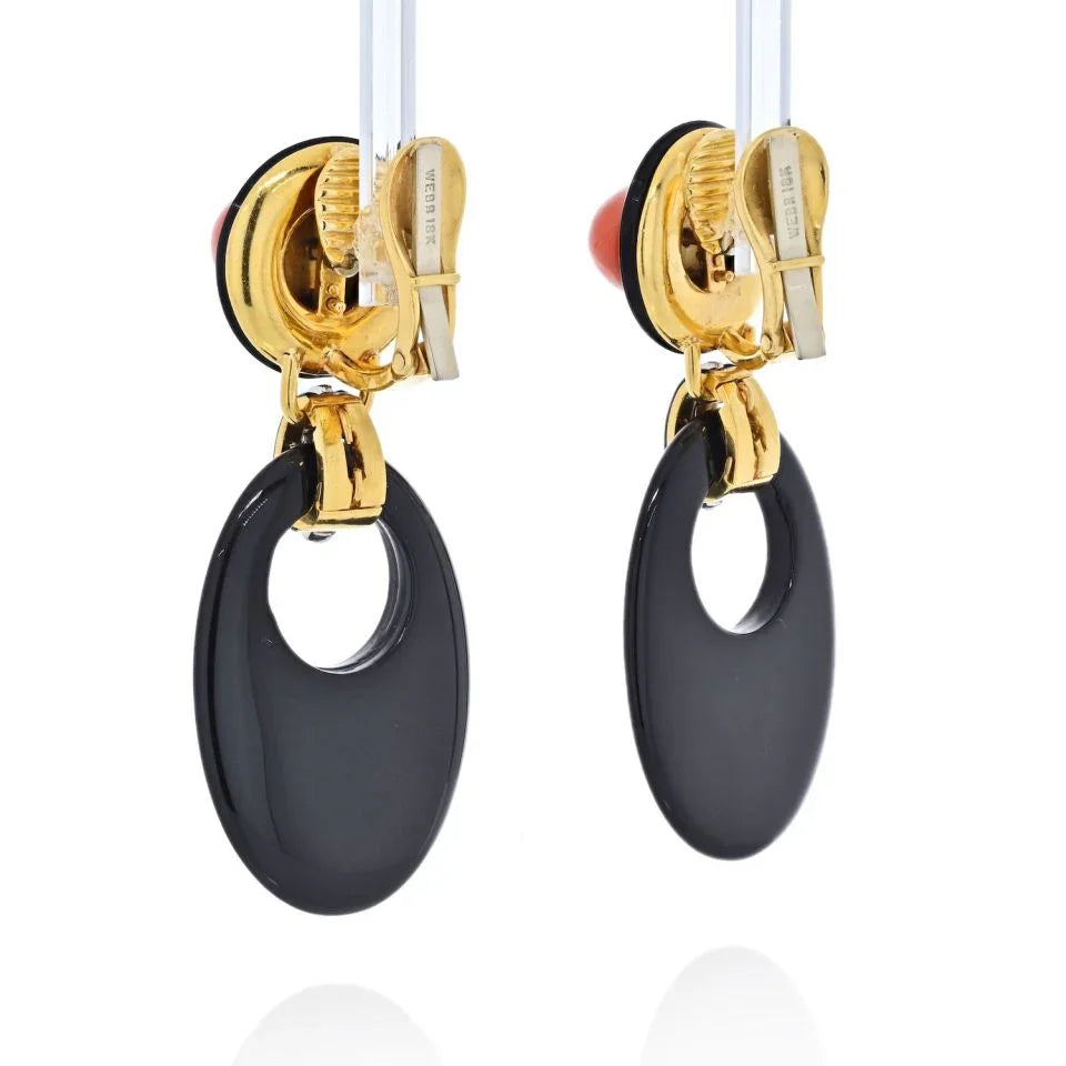 David Webb Platinum & 18K Yellow Gold Onyx And Coral Drop Door Knocker Earrings — view 3 — Laura Milman New York