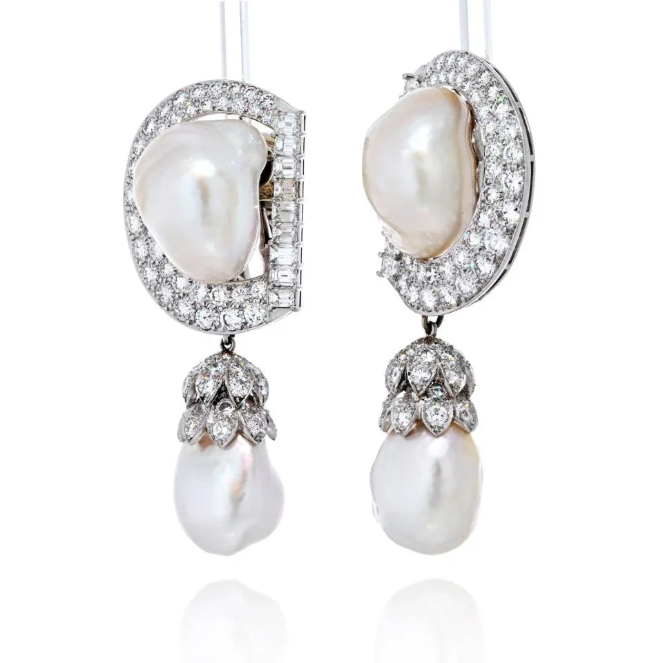 David Webb Platinum 9.92 CTTW Diamond And Pearl Day To Night Earrings — view 2 — Laura Milman New York