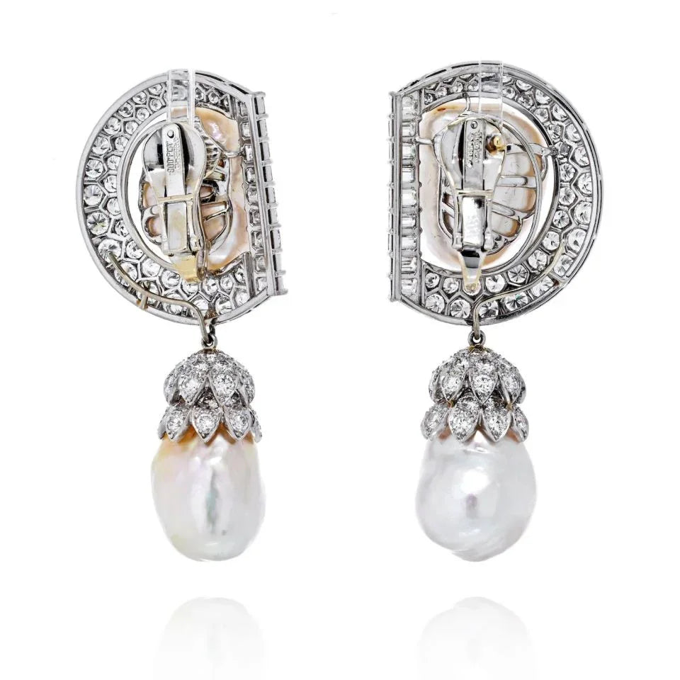 David Webb Platinum 9.92 CTTW Diamond And Pearl Day To Night Earrings — view 4 — Laura Milman New York