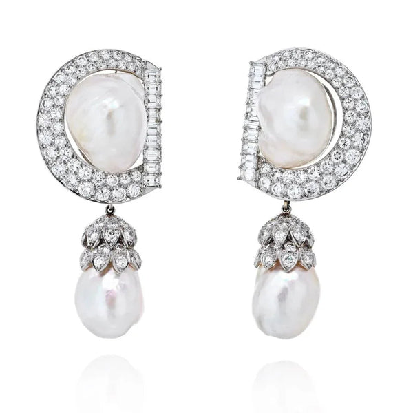 David Webb Platinum 9.92 CTTW Diamond And Pearl Day To Night Earrings