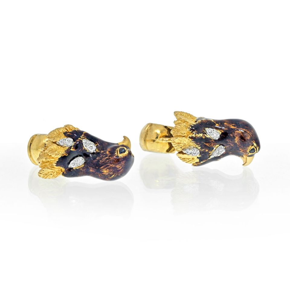 Vintage Tiffany 18K Gold Enamel Diamond Falcon Cufflinks