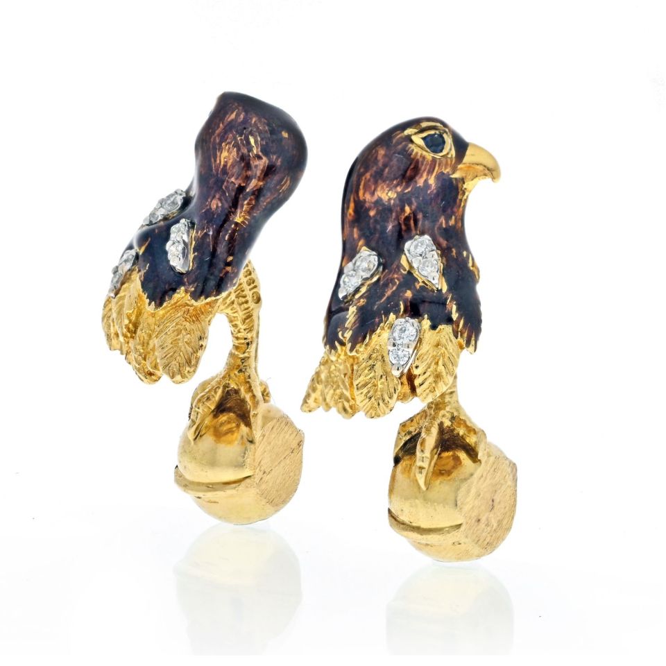 Vintage Tiffany 18K Gold Enamel Diamond Falcon Cufflinks